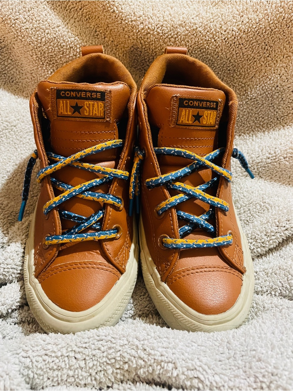Converse Kids Tan High-Top Sneakers with Blue & Yellow Laces